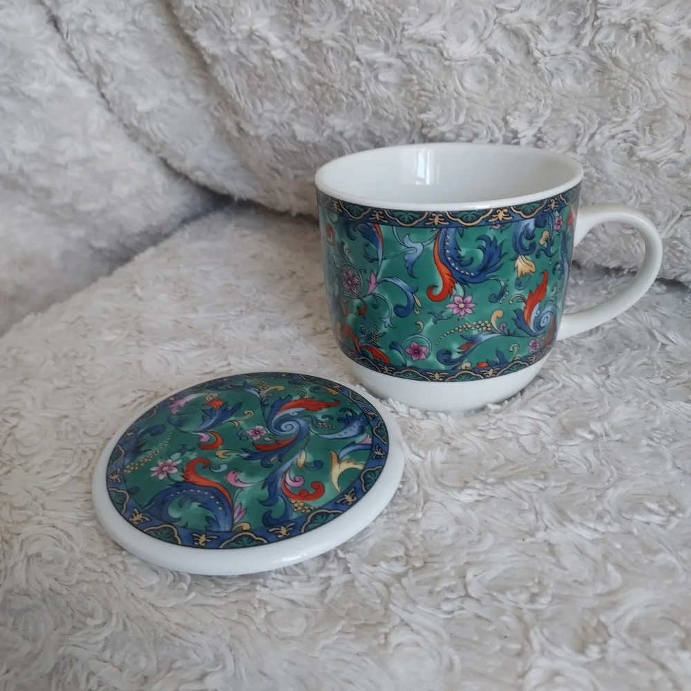 Beautiful Floral Tea Coffee Cup with Lid Artistic Colorful Decor